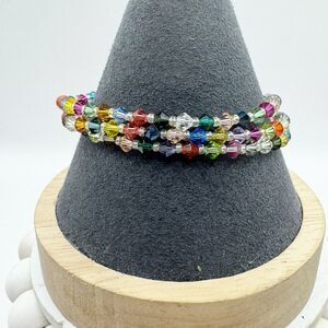 Colorful Rainbow Bicone Crystal Bead Triple Strand Bracelet Sterling Silver